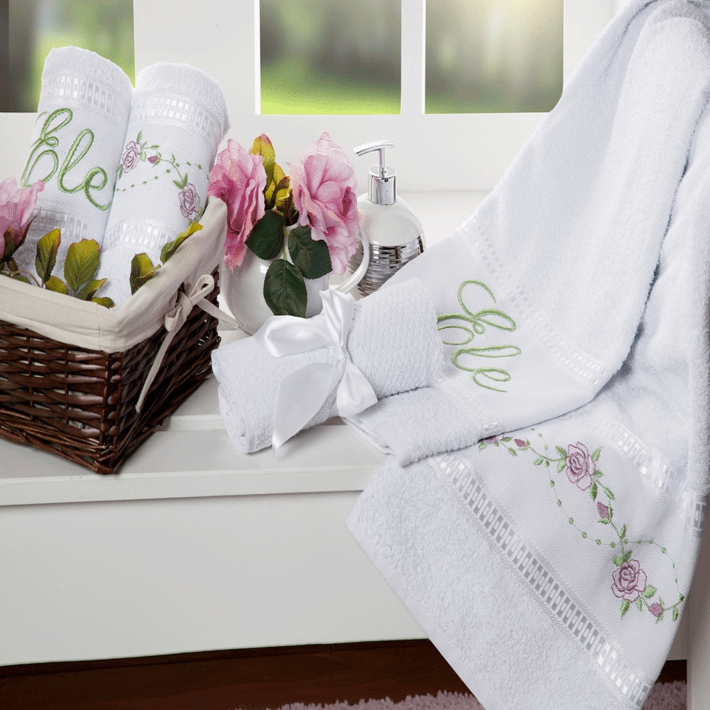 Jogo de Banho Bordado Bouquet Branco Casaborda 5 peças