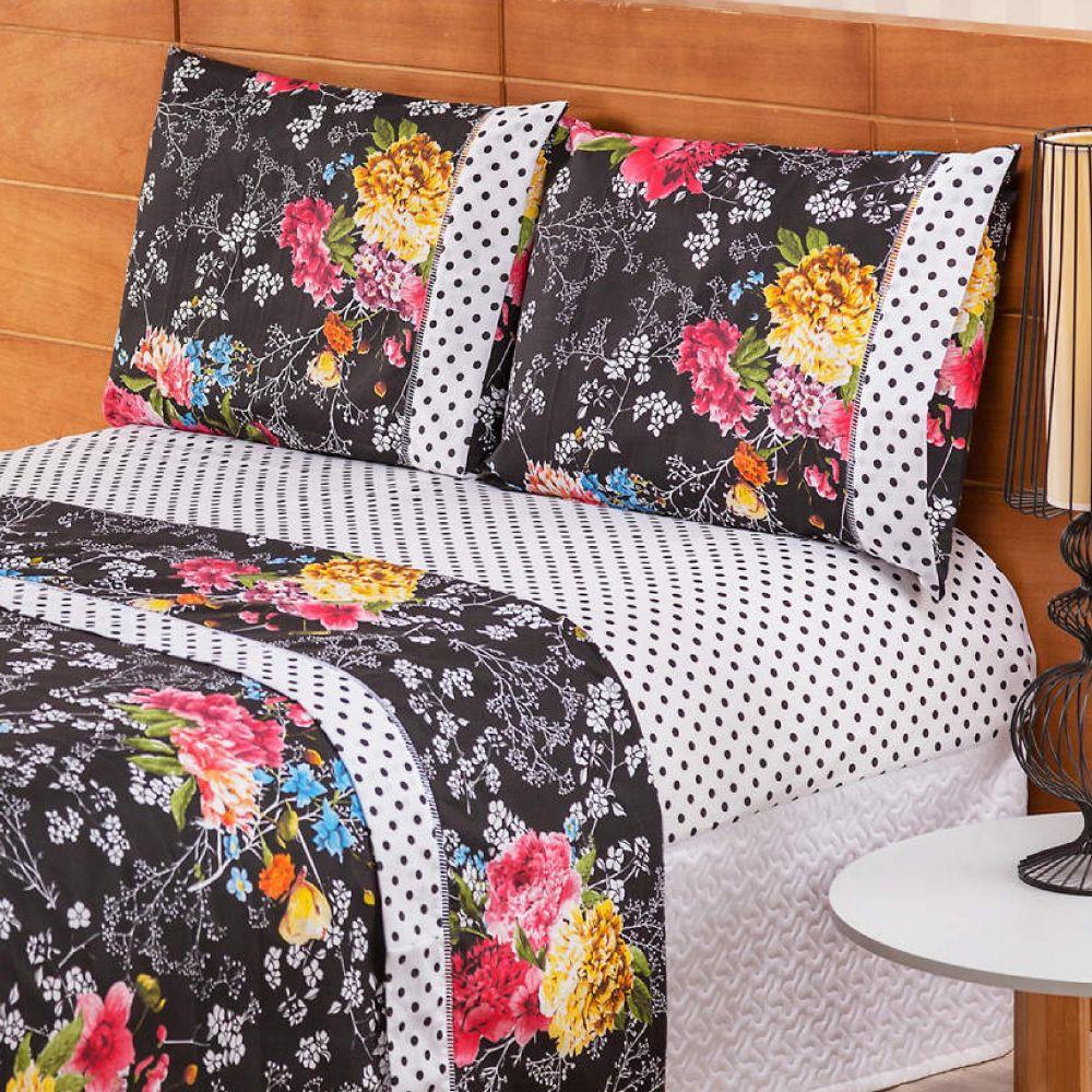 Jogo de Cama Queen 180 fios Estampado Valentina Preto Casaborda 4 peças