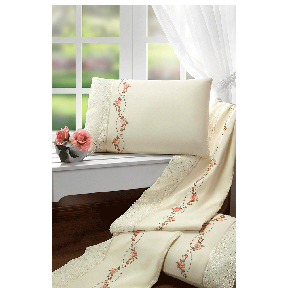 Jogo de Cama Queen 200 fios Bordado Bouquet Palha Casaborda 4 peças