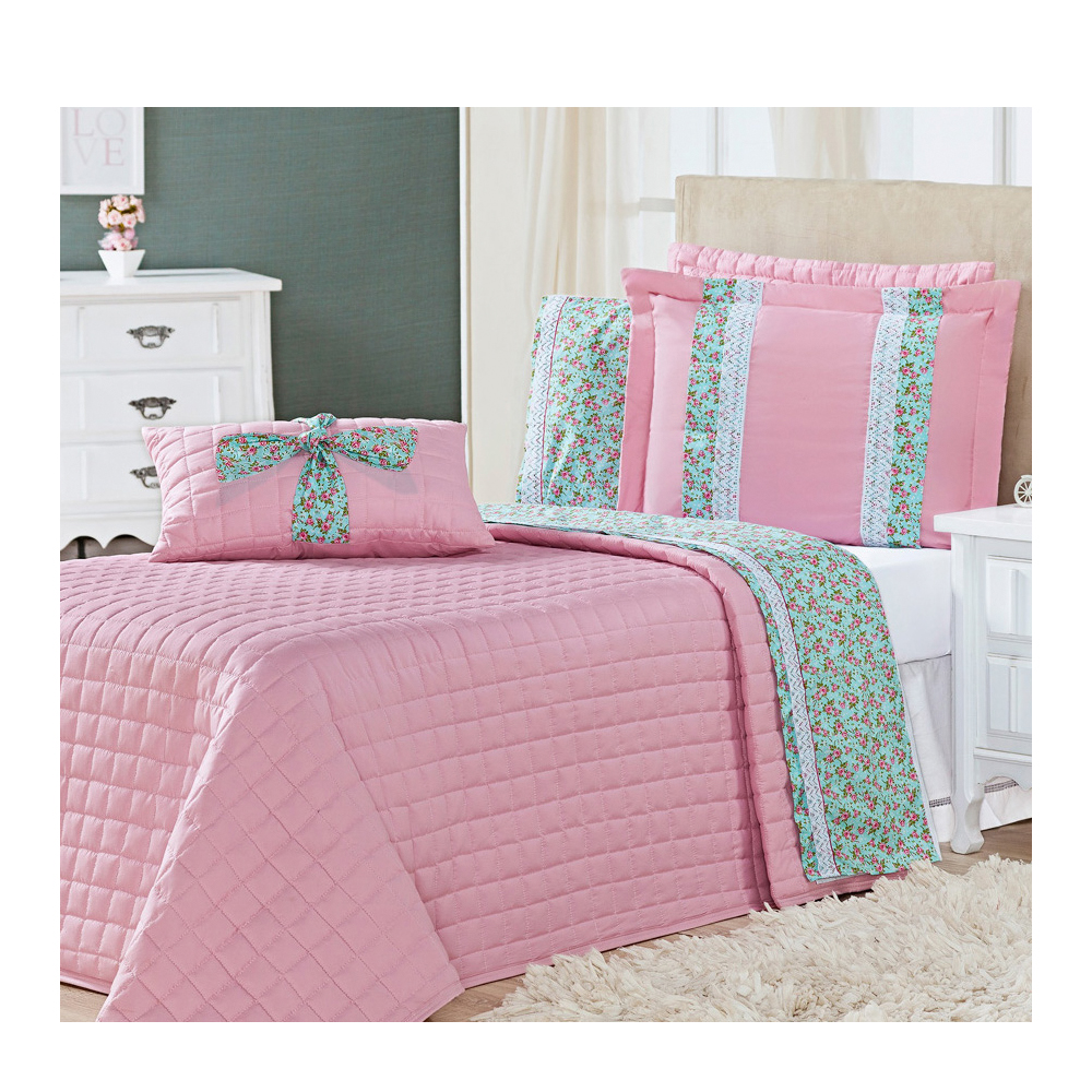 Kit Cobre Leito Solteiro Elegance Rosa Casaborda 4 peças