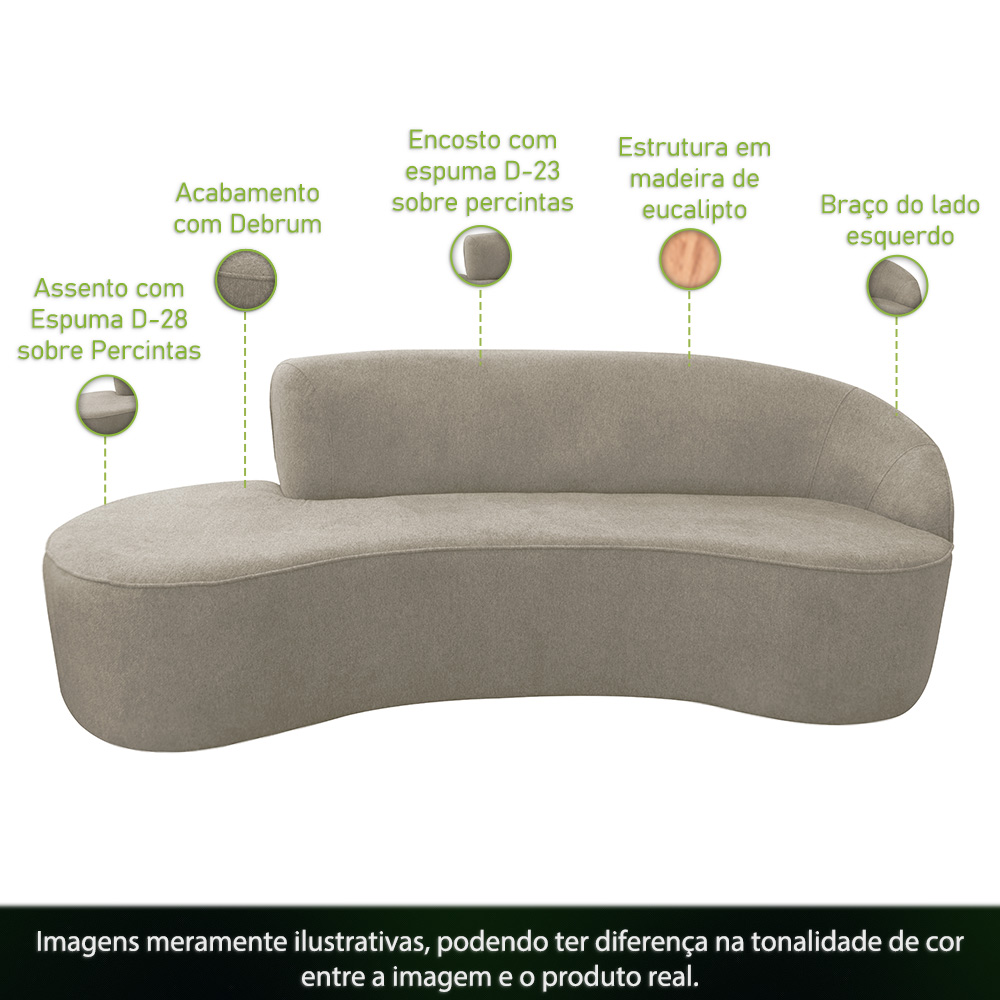 Sofá Curvo 02 Lugares 150cm Braço Esquerdo Eron Suede Camurça Bege - CasaePoltrona