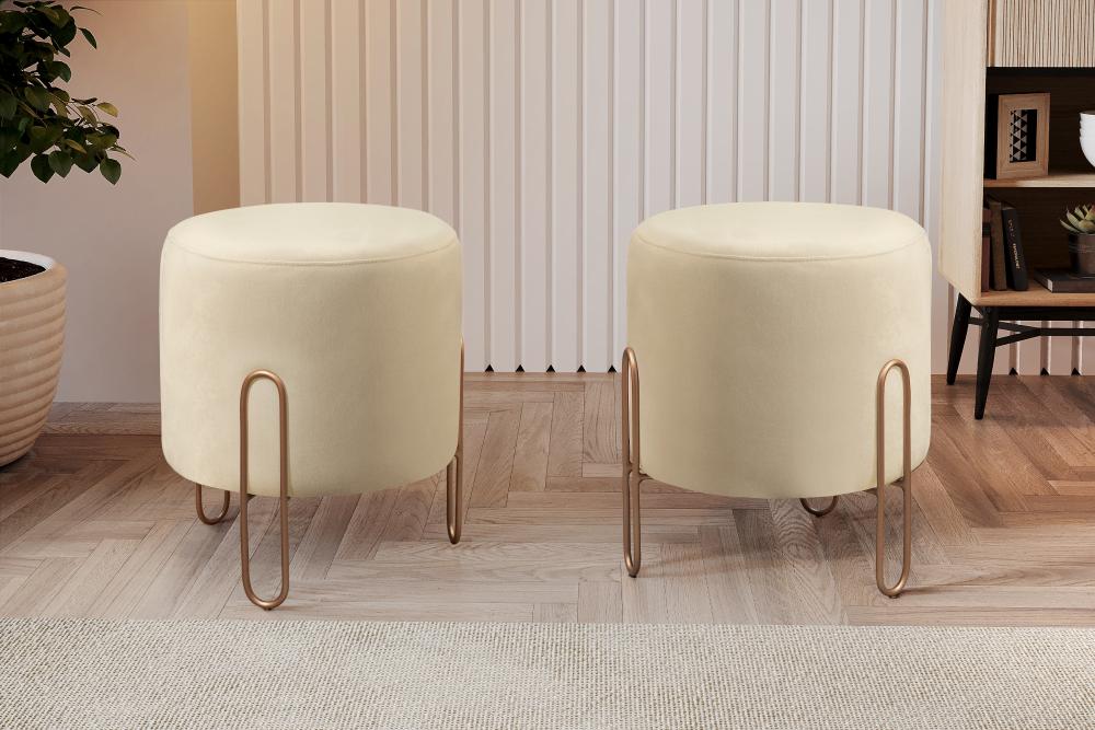 Conjunto - 2 Puffs Banqueta Mali Luxo Base Metálica Bronze