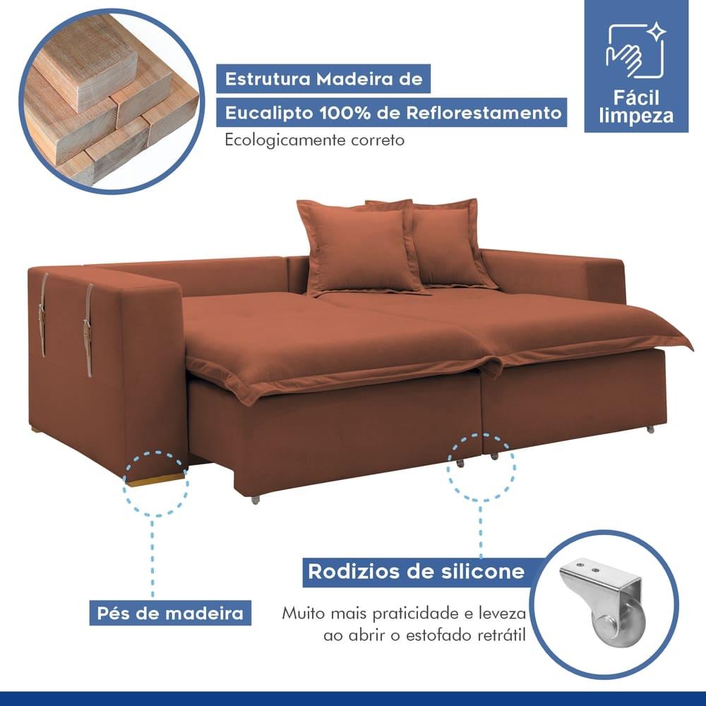 Sofá Cama Retrátil e Reclinável Arizona Boucle Terracota 2,40M
