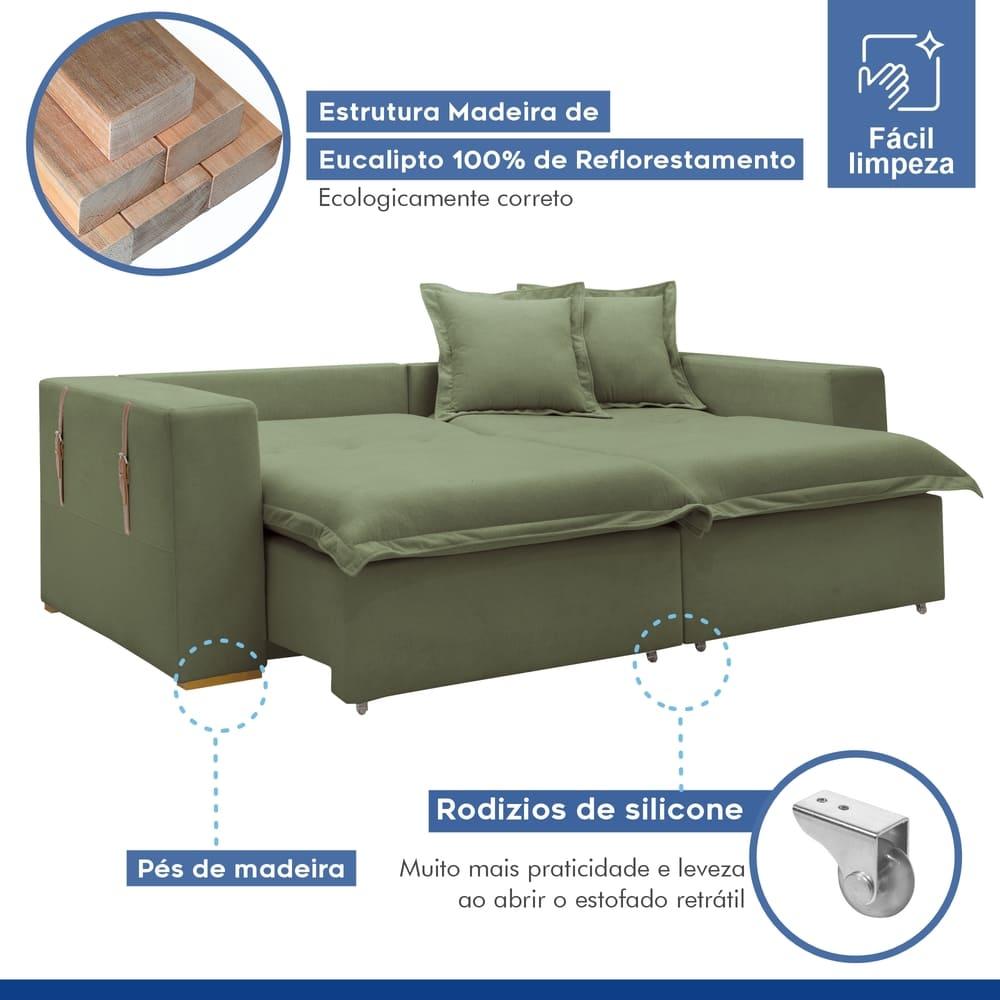 Sofá Cama Retrátil e Reclinável Arizona Boucle Verde 2,40M