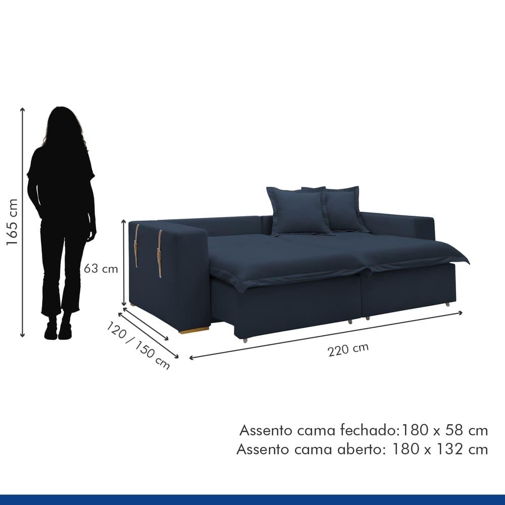 Sofá Cama Retrátil e Reclinável Arizona Veludo Azul 2,20M