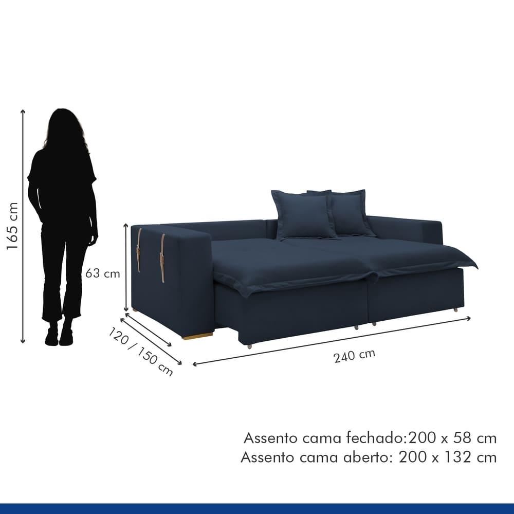 Sofá Cama Retrátil e Reclinável Arizona Veludo Azul 2,40M