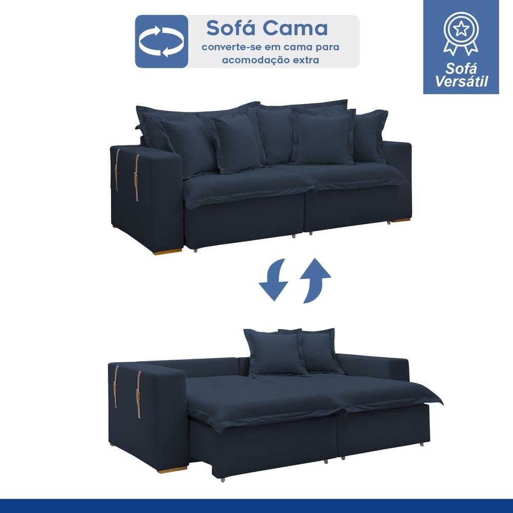 Sofá Cama Retrátil e Reclinável Arizona Veludo Azul 2,40M