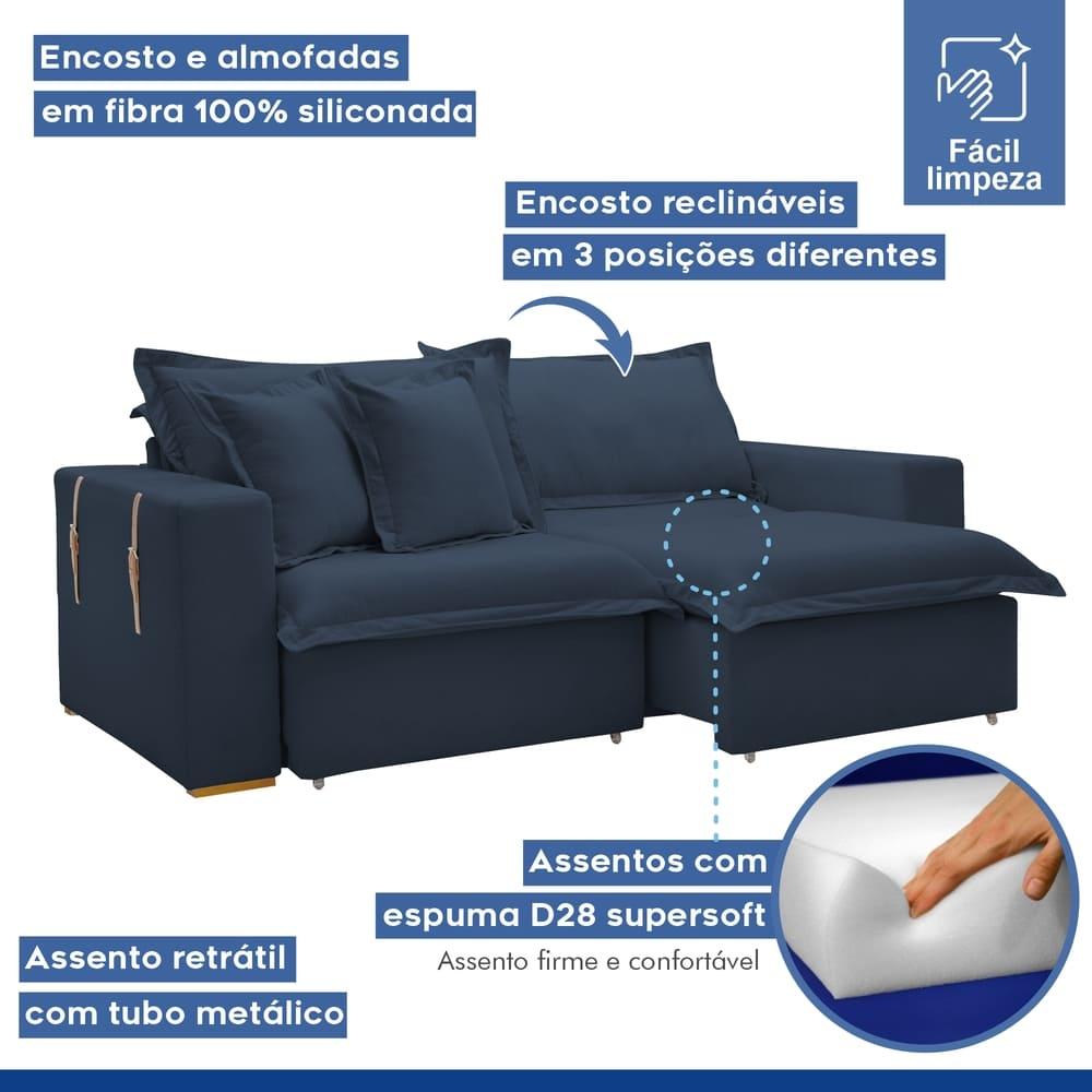 Sofá Cama Retrátil e Reclinável Arizona Veludo Azul 2,40M
