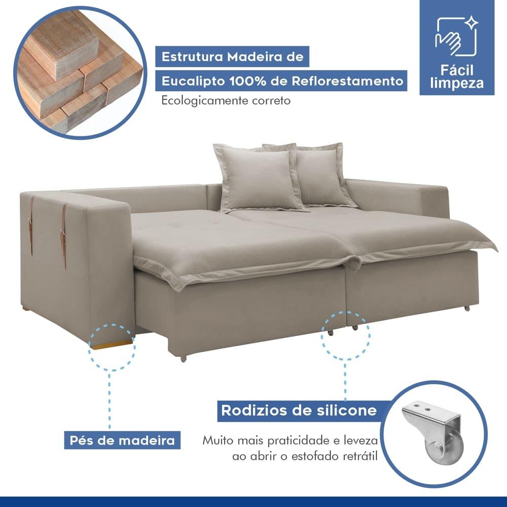 Sofá Cama Retrátil e Reclinável Arizona Veludo Bege Claro 2,20M