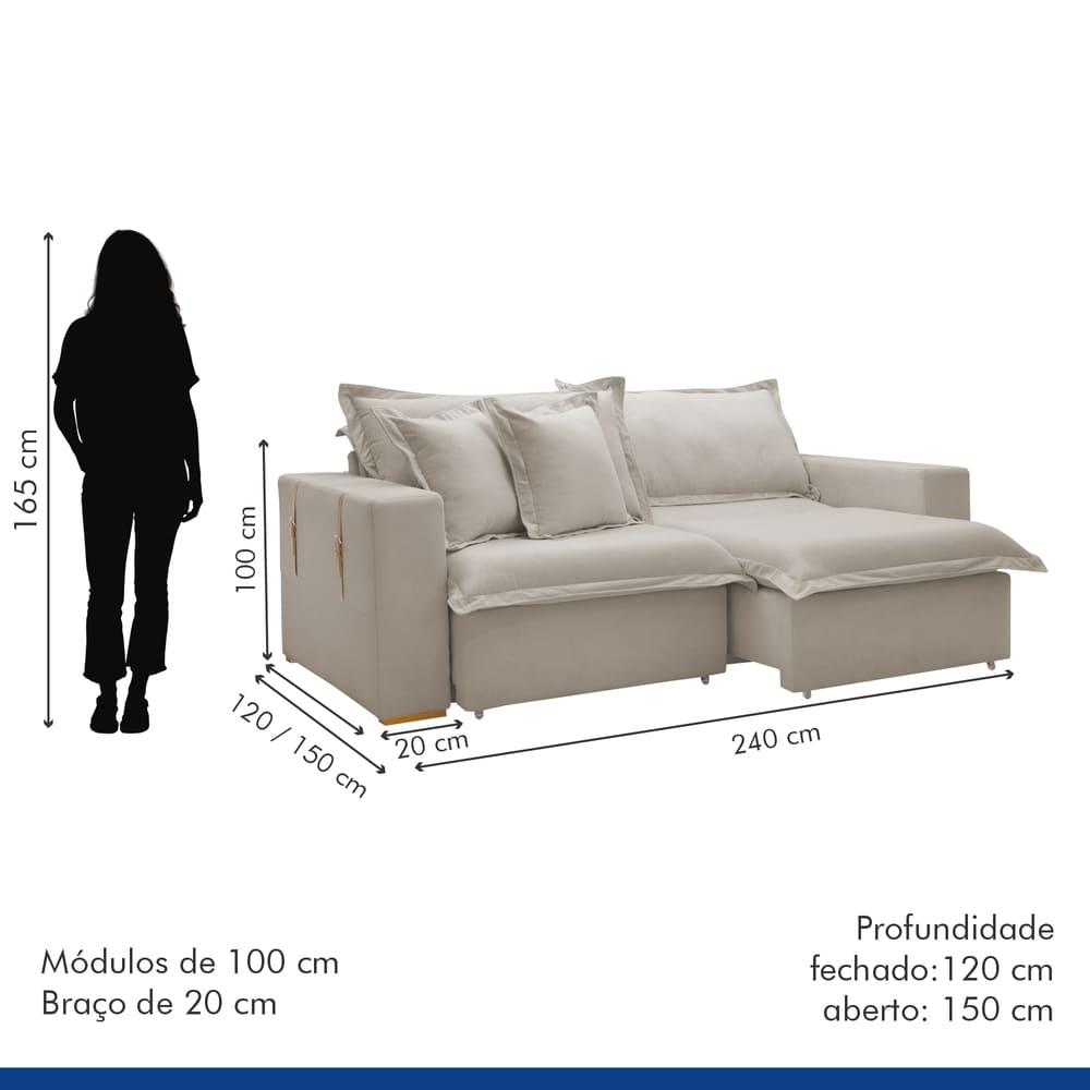 Sofá Cama Retrátil e Reclinável Arizona Veludo Bege Claro 2,40M