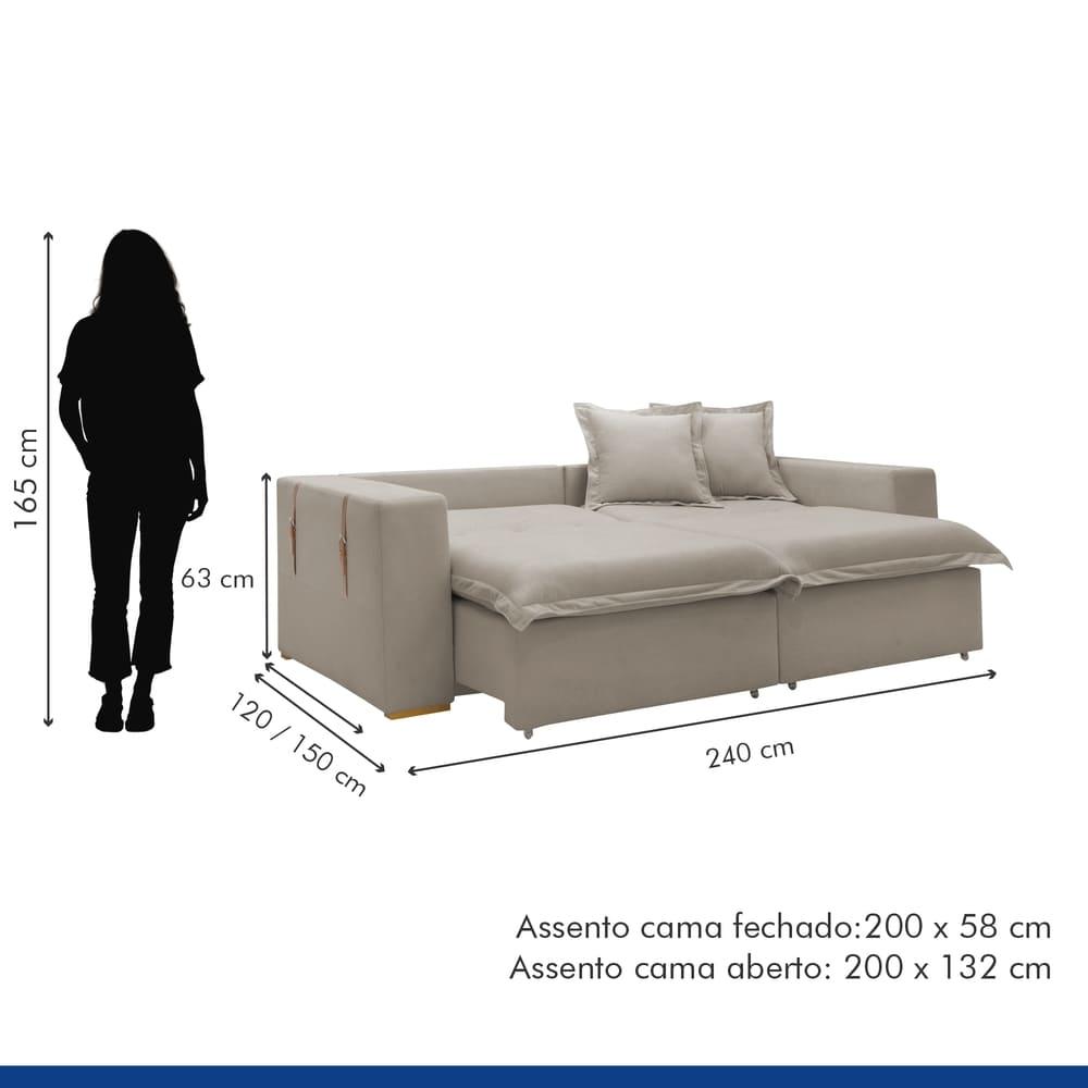 Sofá Cama Retrátil e Reclinável Arizona Veludo Bege Claro 2,40M