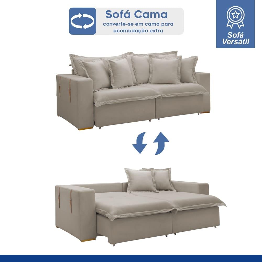 Sofá Cama Retrátil e Reclinável Arizona Veludo Bege Claro 2,40M