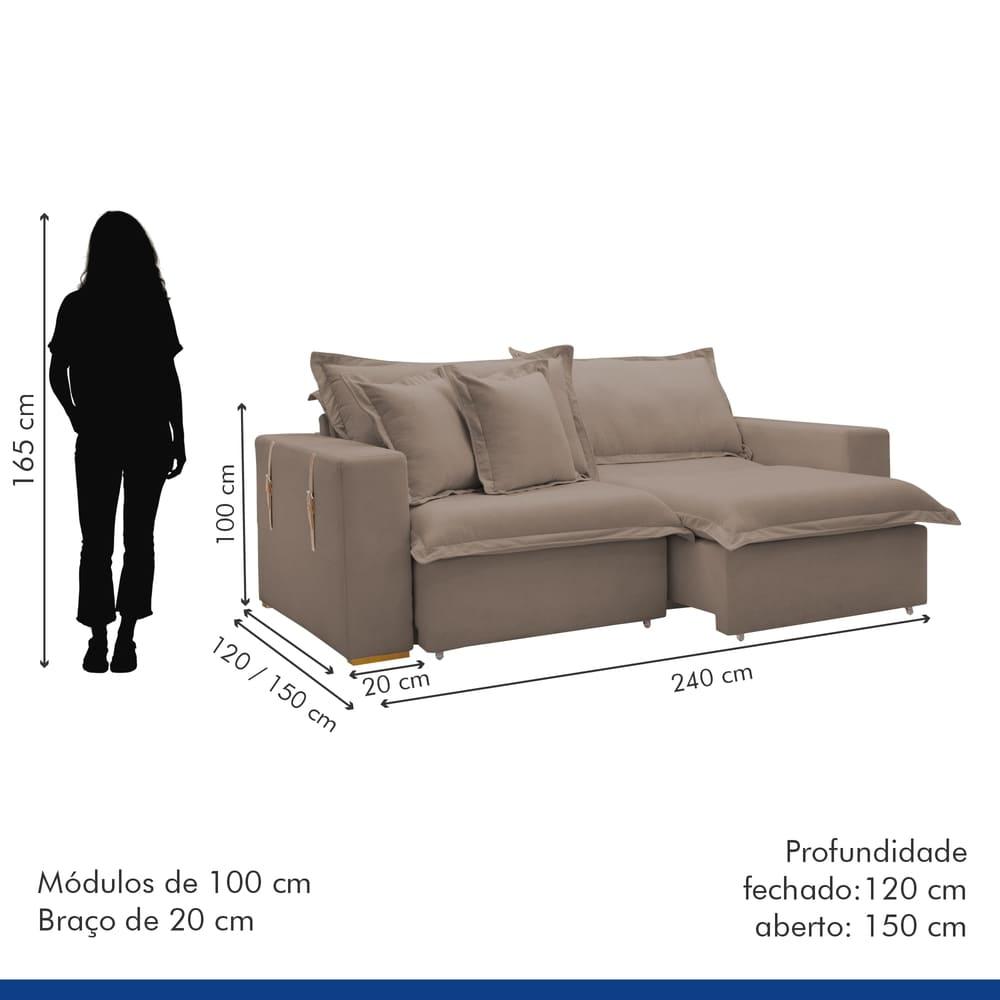Sofá Cama Retrátil e Reclinável Arizona Veludo Bege Escuro 2,40M