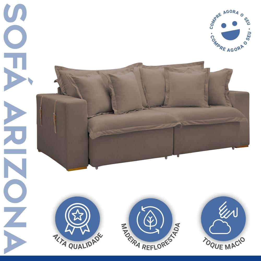 Sofá Cama Retrátil e Reclinável Arizona Veludo Bege Escuro 2,40M