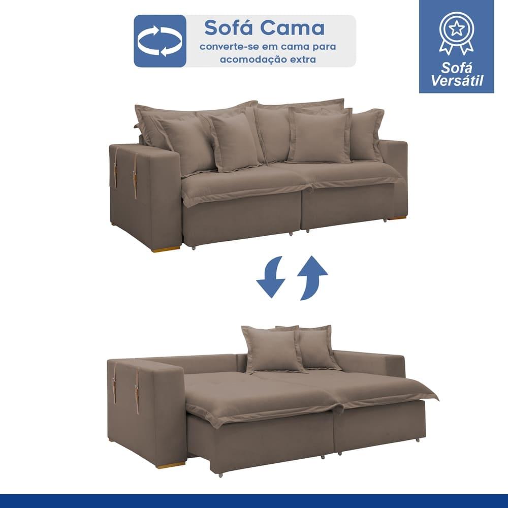 Sofá Cama Retrátil e Reclinável Arizona Veludo Bege Escuro 2,40M
