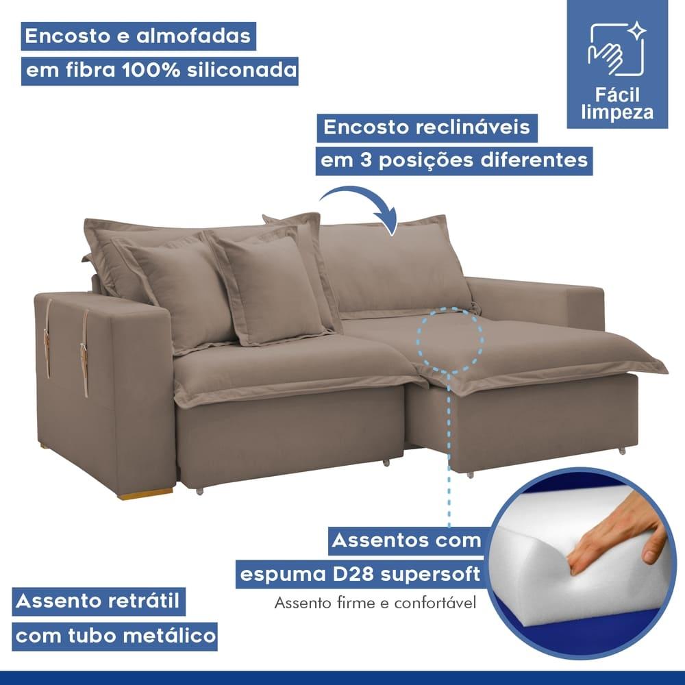 Sofá Cama Retrátil e Reclinável Arizona Veludo Bege Escuro 2,40M