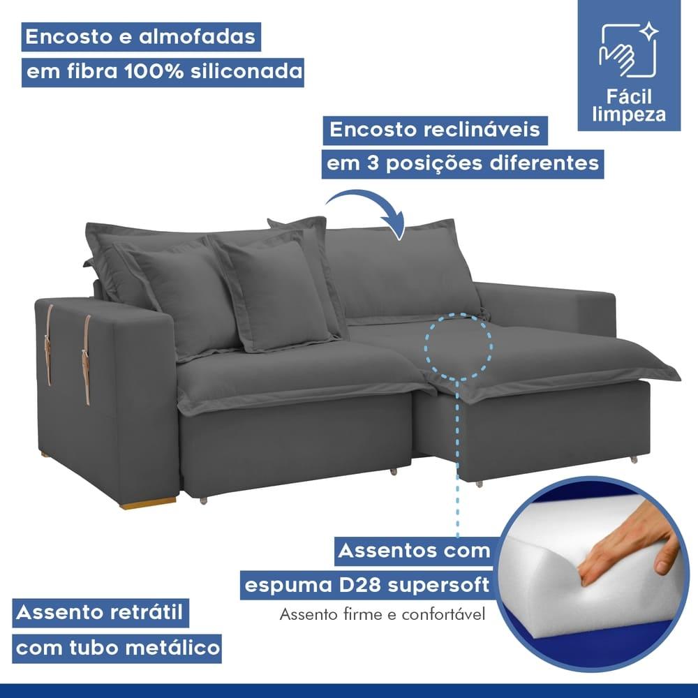 Sofá Cama Retrátil e Reclinável Arizona Veludo Cinza 2,20M