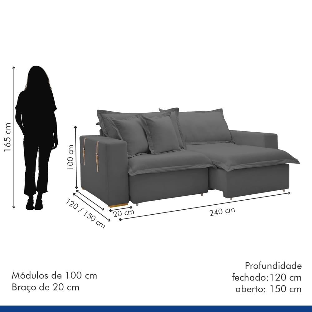 Sofá Cama Retrátil e Reclinável Arizona Veludo Cinza 2,40M