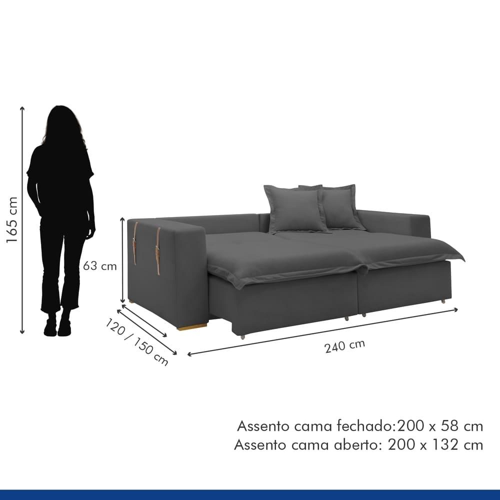 Sofá Cama Retrátil e Reclinável Arizona Veludo Cinza 2,40M