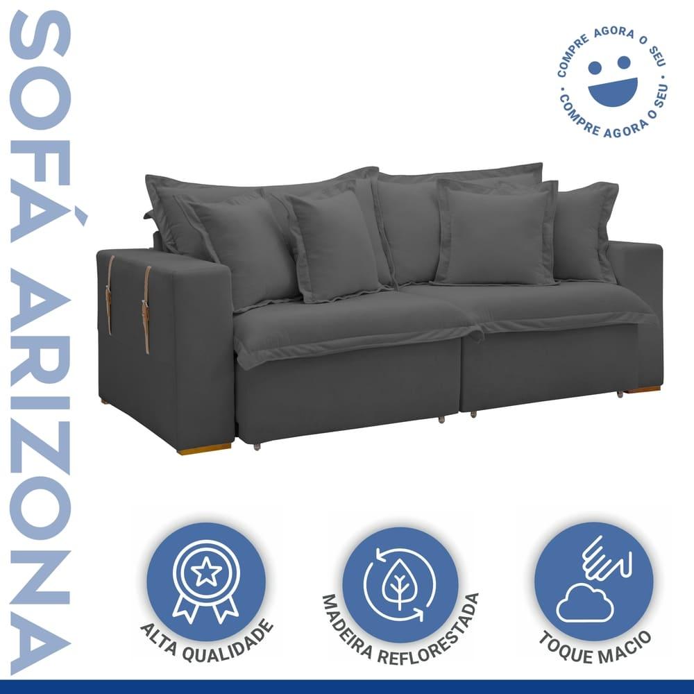 Sofá Cama Retrátil e Reclinável Arizona Veludo Cinza 2,40M