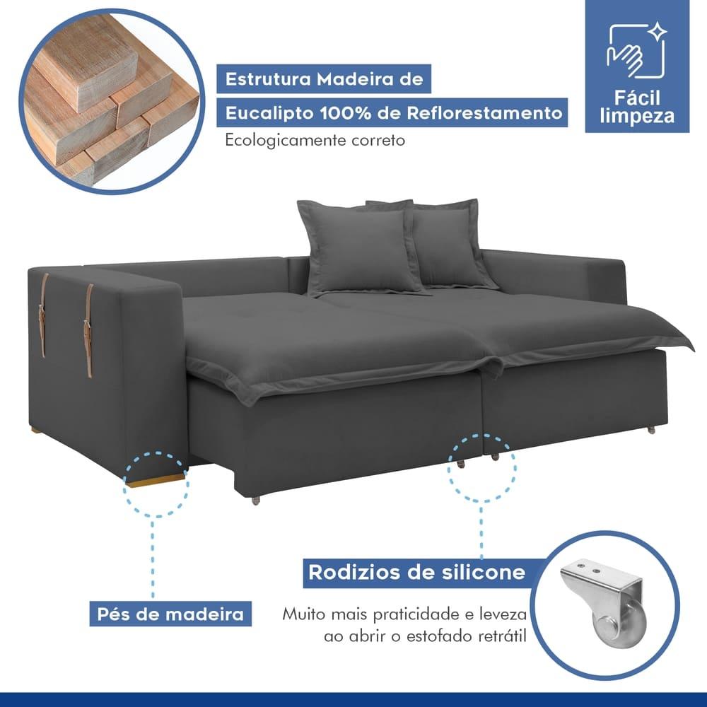 Sofá Cama Retrátil e Reclinável Arizona Veludo Cinza 2,40M