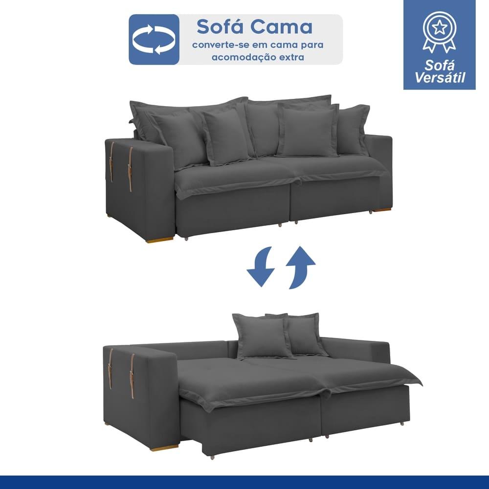 Sofá Cama Retrátil e Reclinável Arizona Veludo Cinza 2,40M
