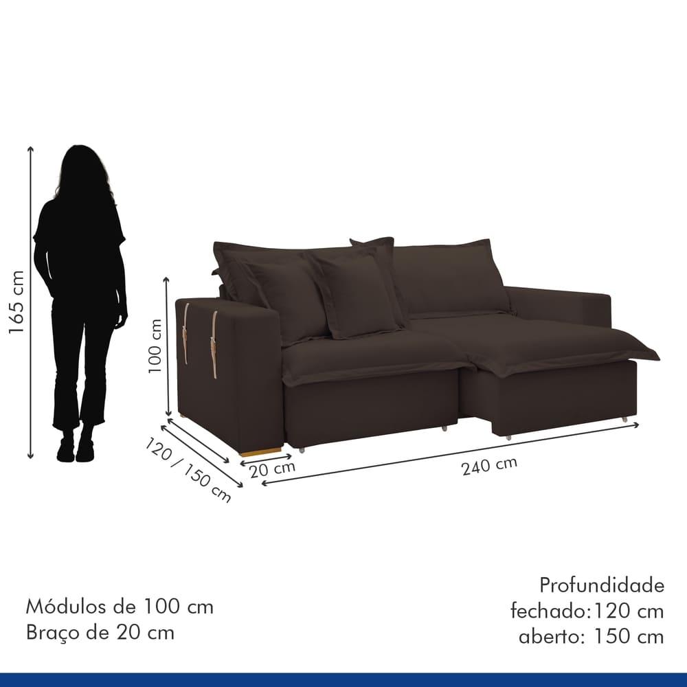Sofá Cama Retrátil e Reclinável Arizona Veludo Marrom 2,40M