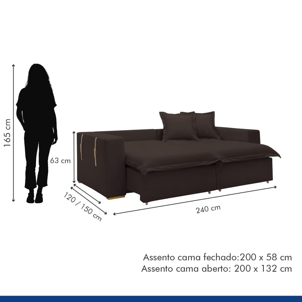 Sofá Cama Retrátil e Reclinável Arizona Veludo Marrom 2,40M