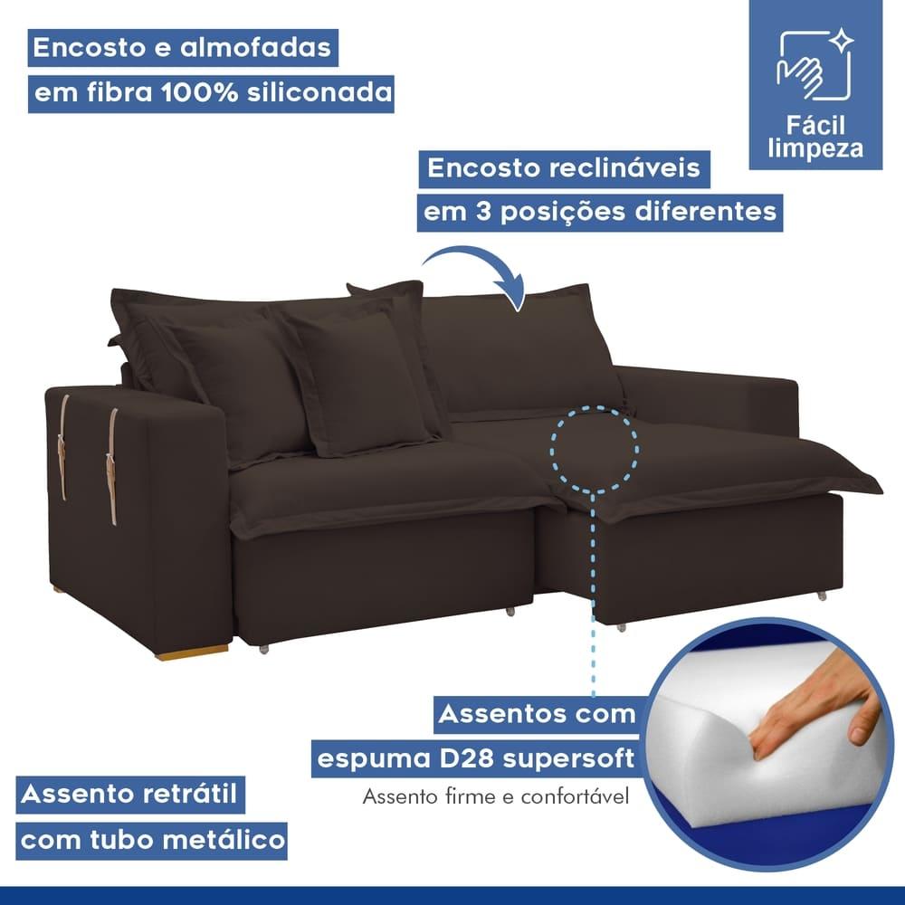 Sofá Cama Retrátil e Reclinável Arizona Veludo Marrom 2,40M