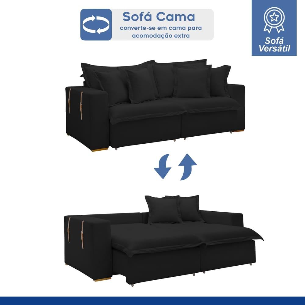 Sofá Cama Retrátil e Reclinável Arizona Veludo Preto 2,20M