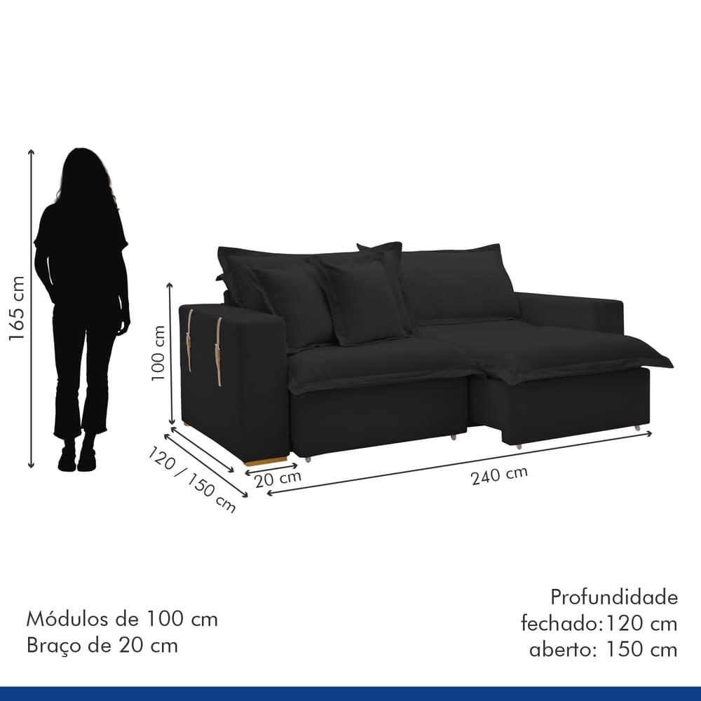 Sofá Cama Retrátil e Reclinável Arizona Veludo Preto 2,40M