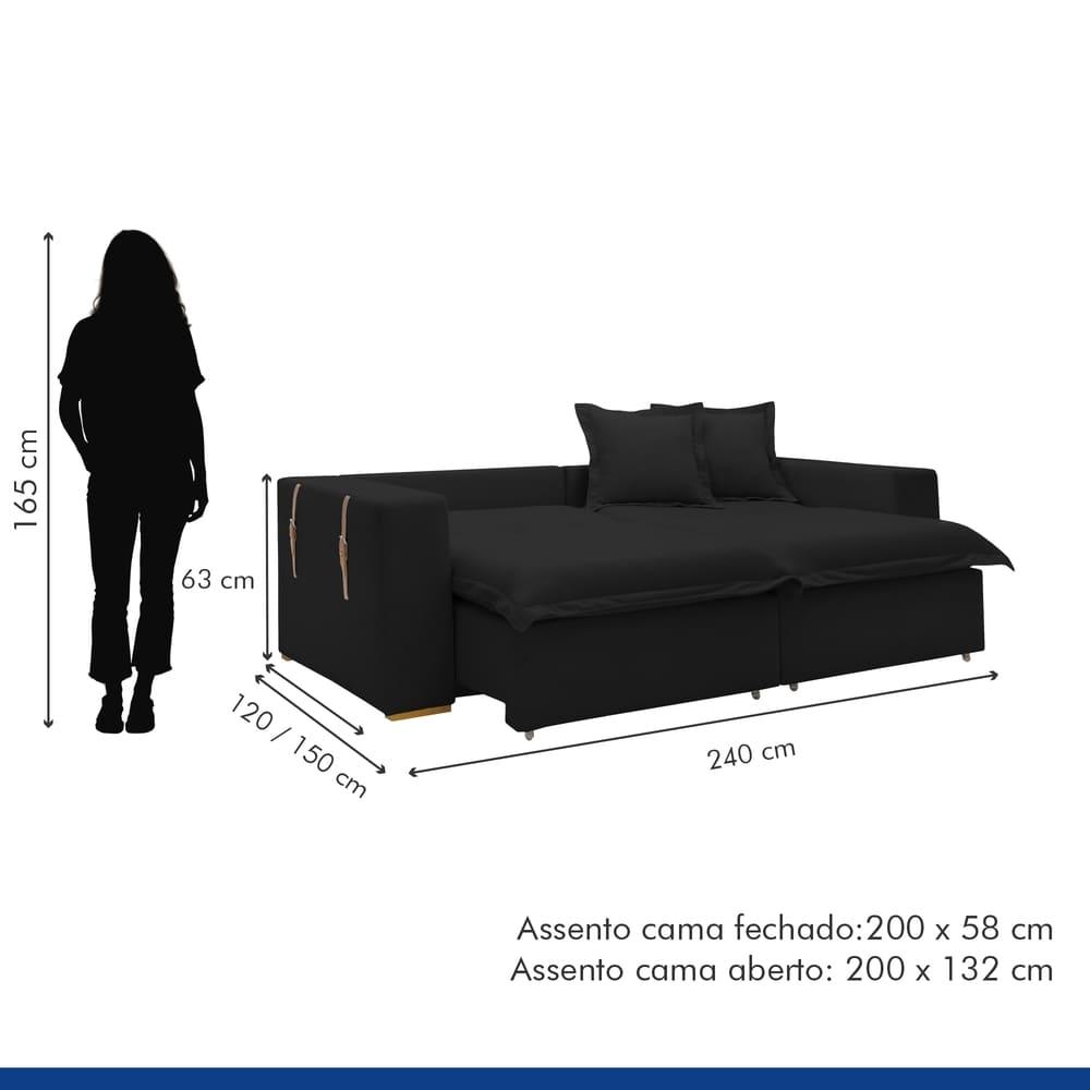 Sofá Cama Retrátil e Reclinável Arizona Veludo Preto 2,40M