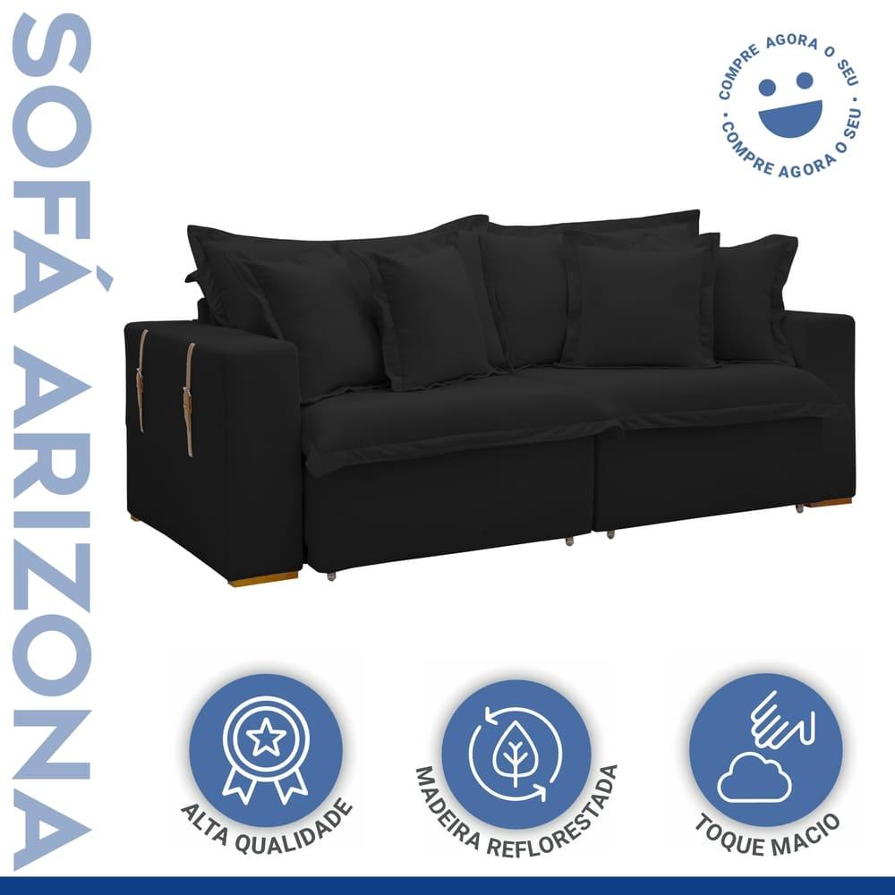 Sofá Cama Retrátil e Reclinável Arizona Veludo Preto 2,40M
