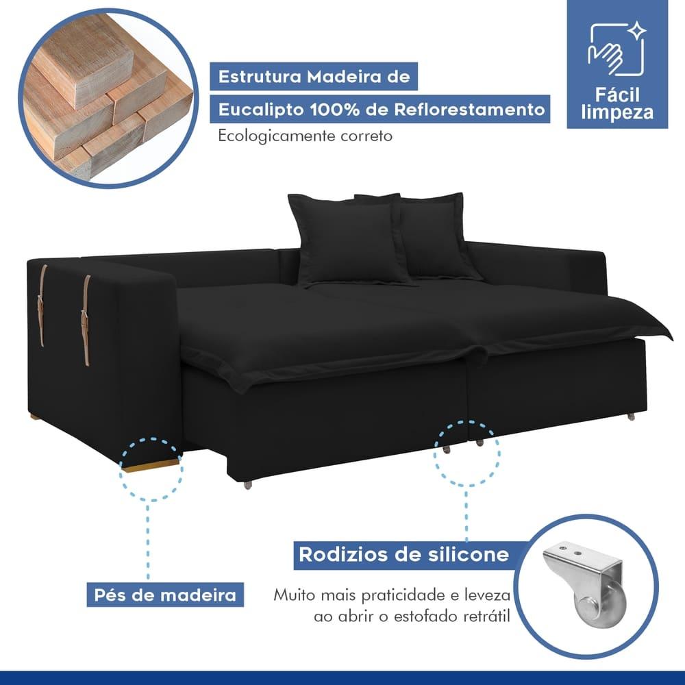 Sofá Cama Retrátil e Reclinável Arizona Veludo Preto 2,40M