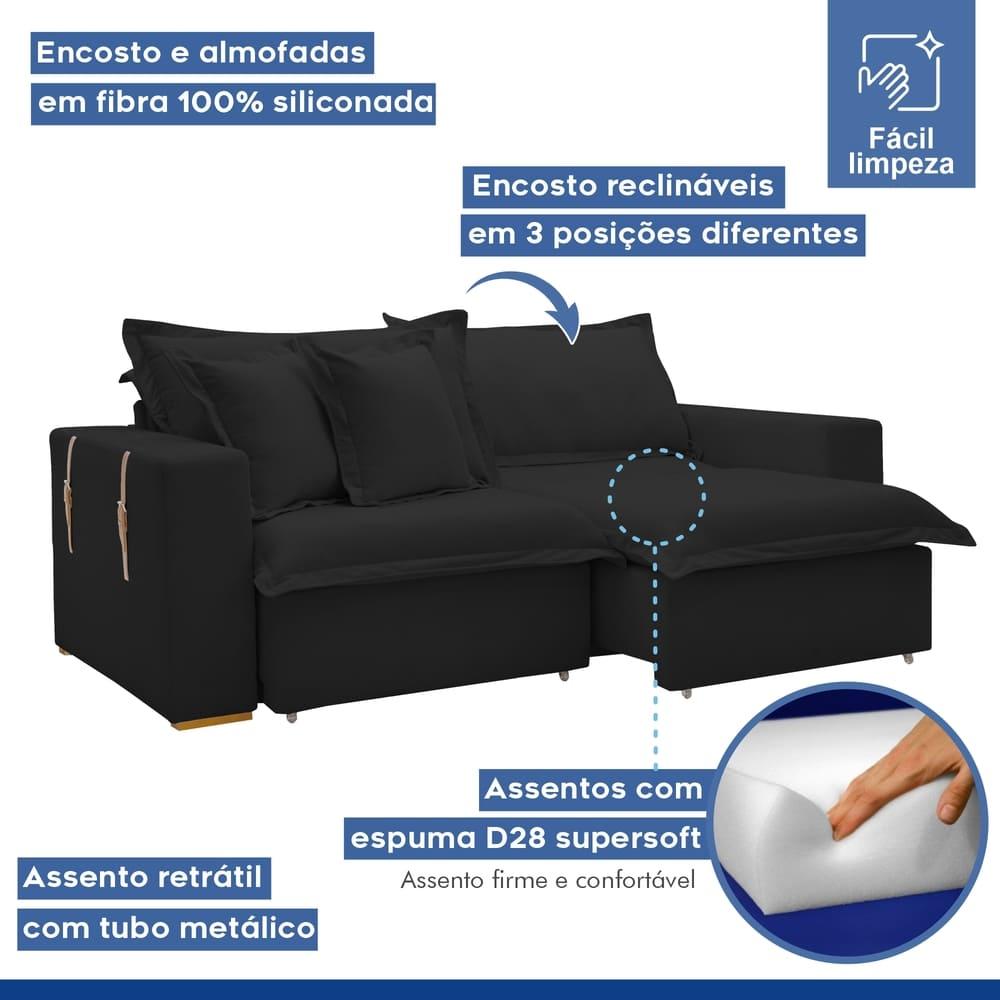 Sofá Cama Retrátil e Reclinável Arizona Veludo Preto 2,40M