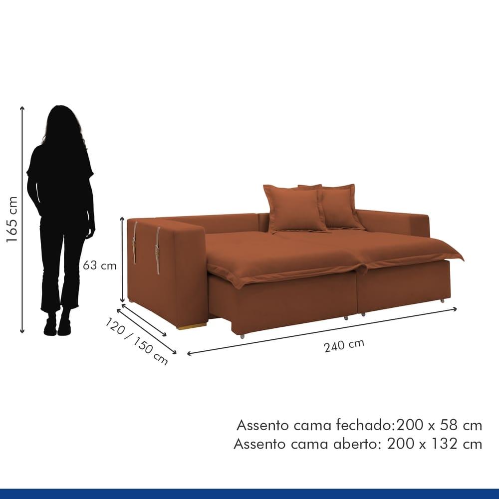 Sofá Cama Retrátil e Reclinável Arizona Veludo Terracota 2,40M