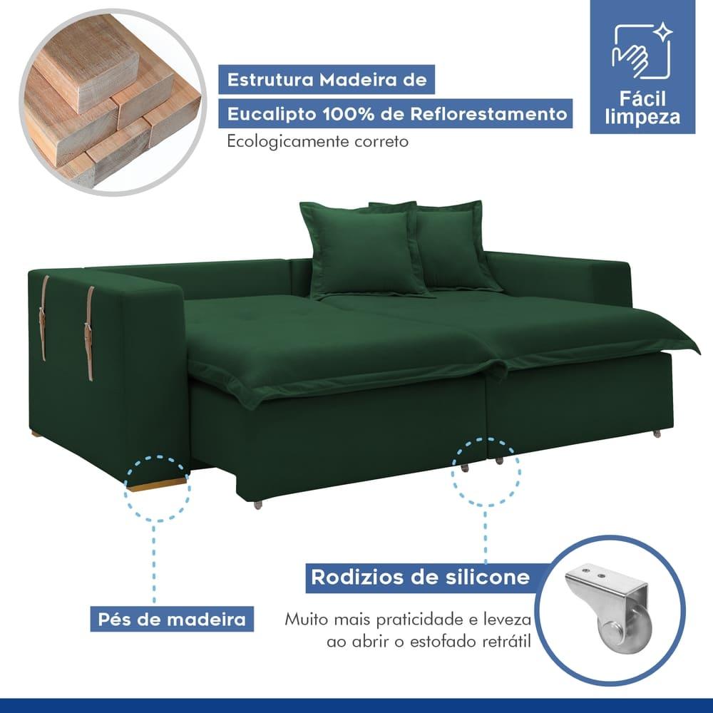 Sofá Cama Retrátil e Reclinável Arizona Veludo Verde 2,20M