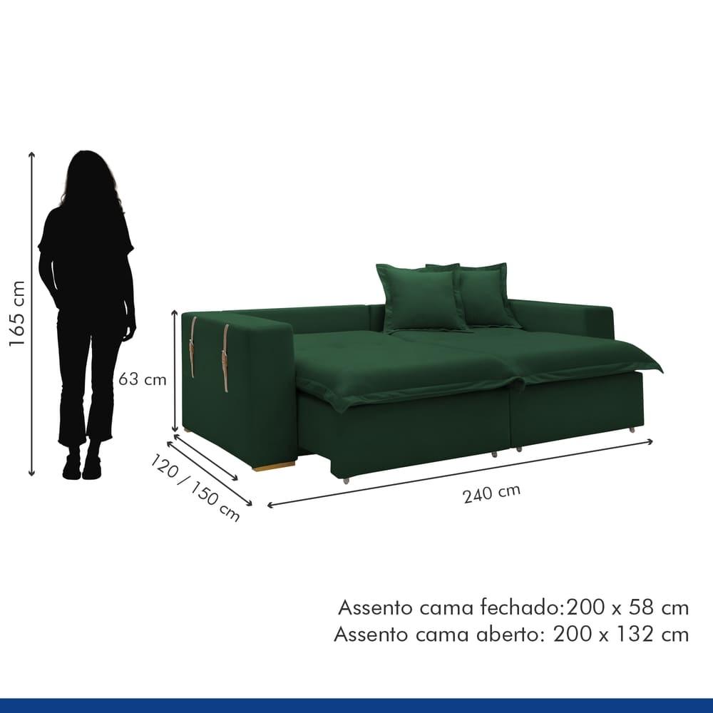 Sofá Cama Retrátil e Reclinável Arizona Veludo Verde 2,40M