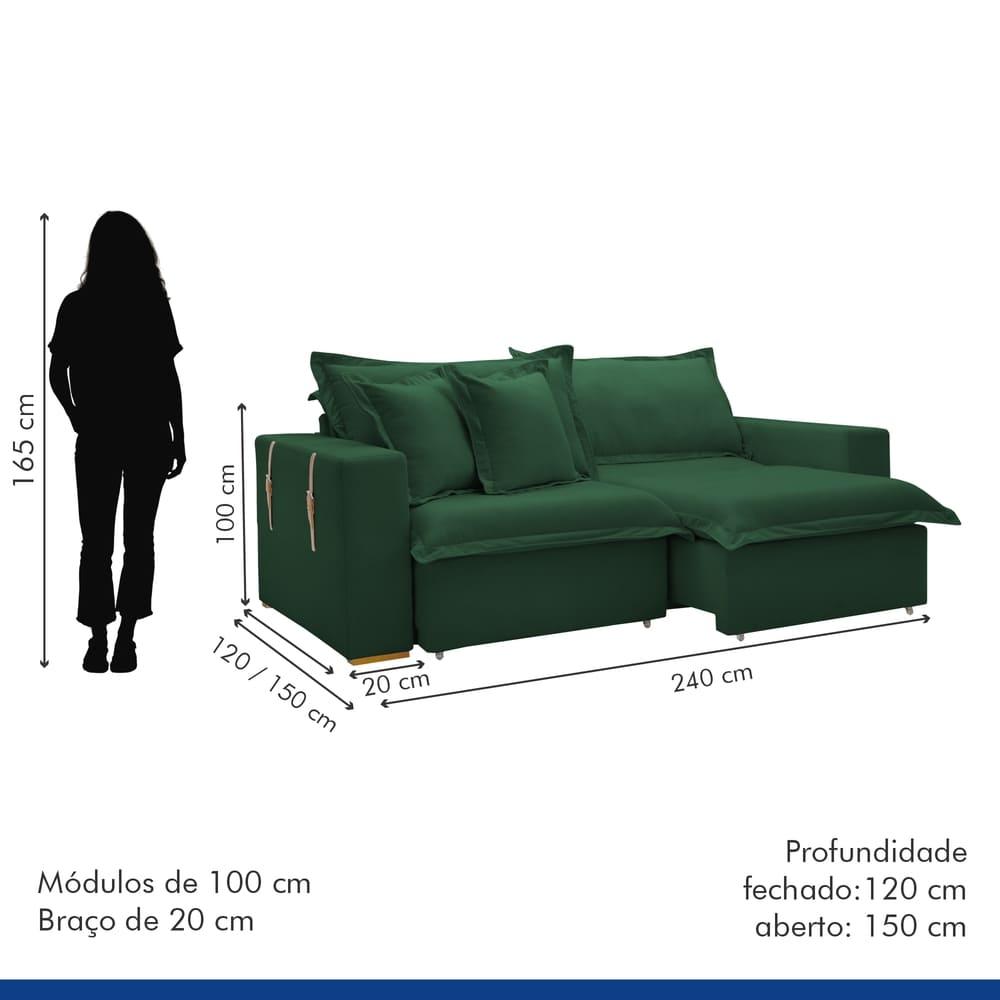 Sofá Cama Retrátil e Reclinável Arizona Veludo Verde 2,40M