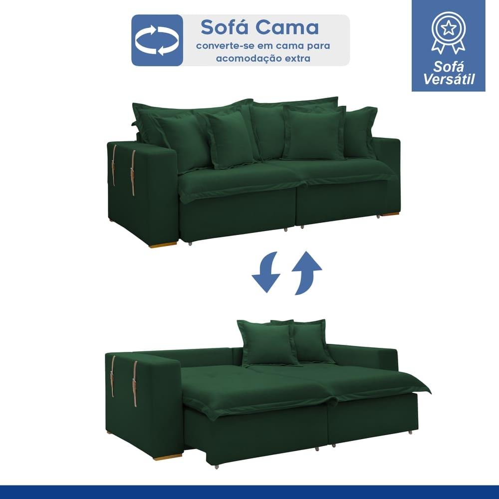 Sofá Cama Retrátil e Reclinável Arizona Veludo Verde 2,40M