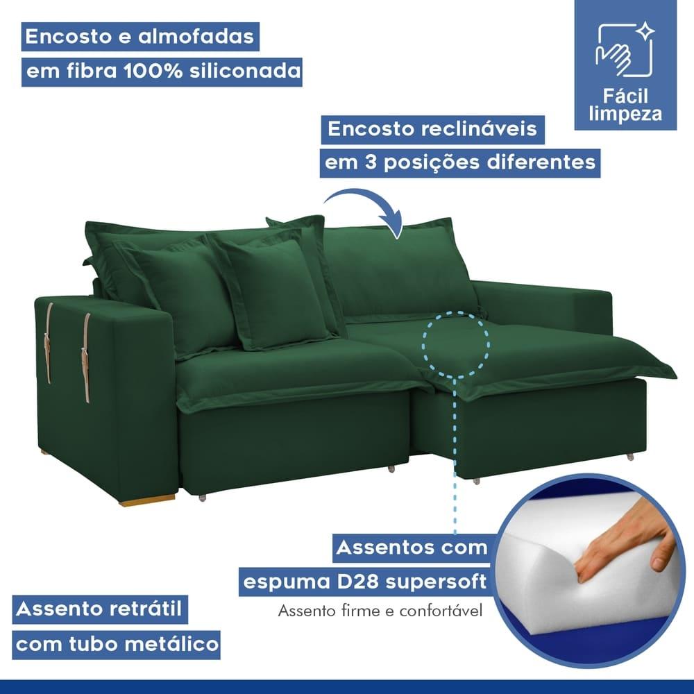 Sofá Cama Retrátil e Reclinável Arizona Veludo Verde 2,40M