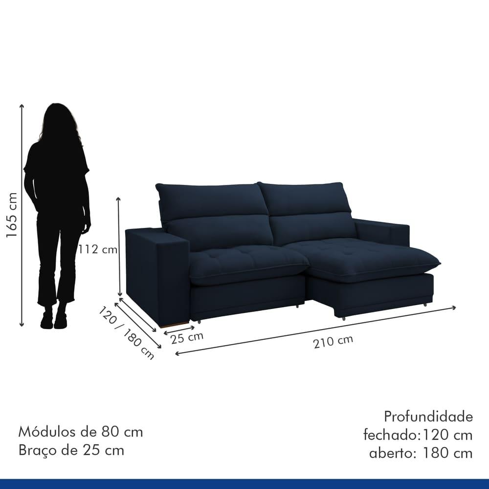 Sofá Retrátil e Reclinável Martinho Veludo Azul 2,10M