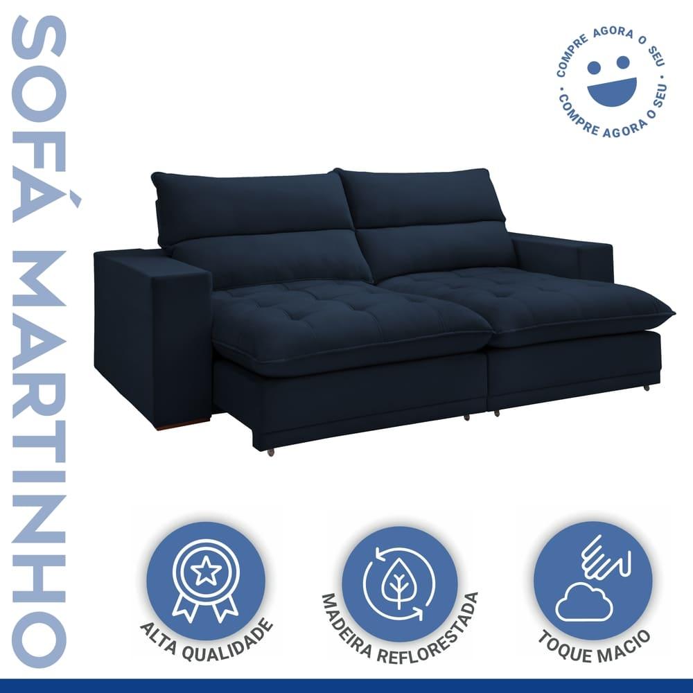 Sofá Retrátil e Reclinável Martinho Veludo Azul 2,10M