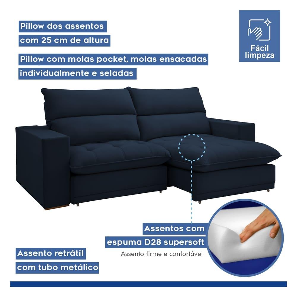 Sofá Retrátil e Reclinável Martinho Veludo Azul 2,10M