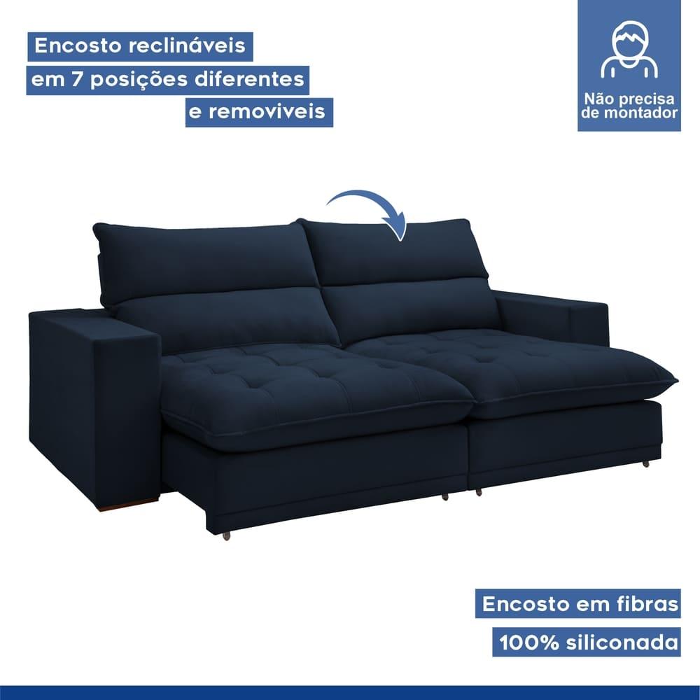 Sofá Retrátil e Reclinável Martinho Veludo Azul 2,10M