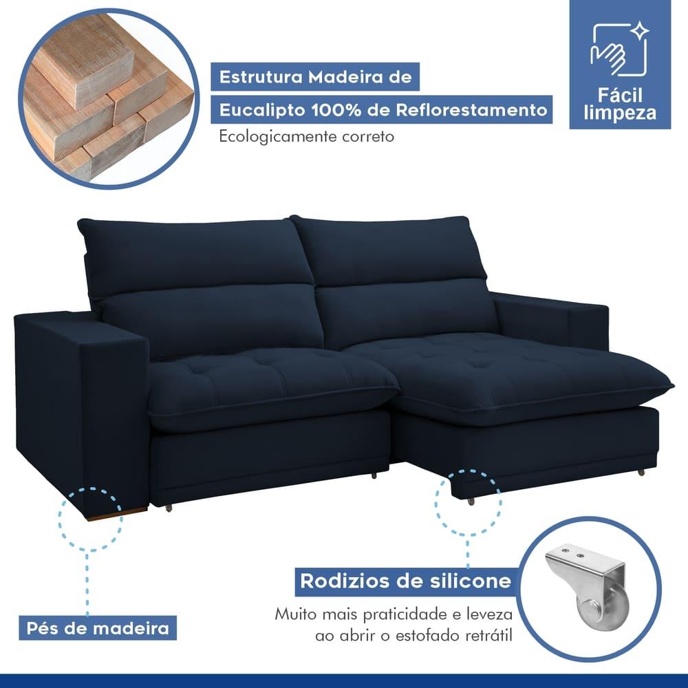 Sofá Retrátil e Reclinável Martinho Veludo Azul 2,10M