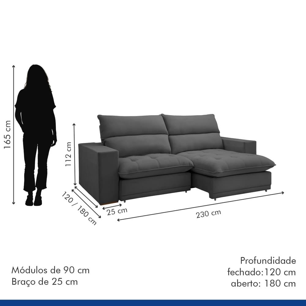 Sofá Retrátil e Reclinável Martinho Veludo Cinza 2,30M