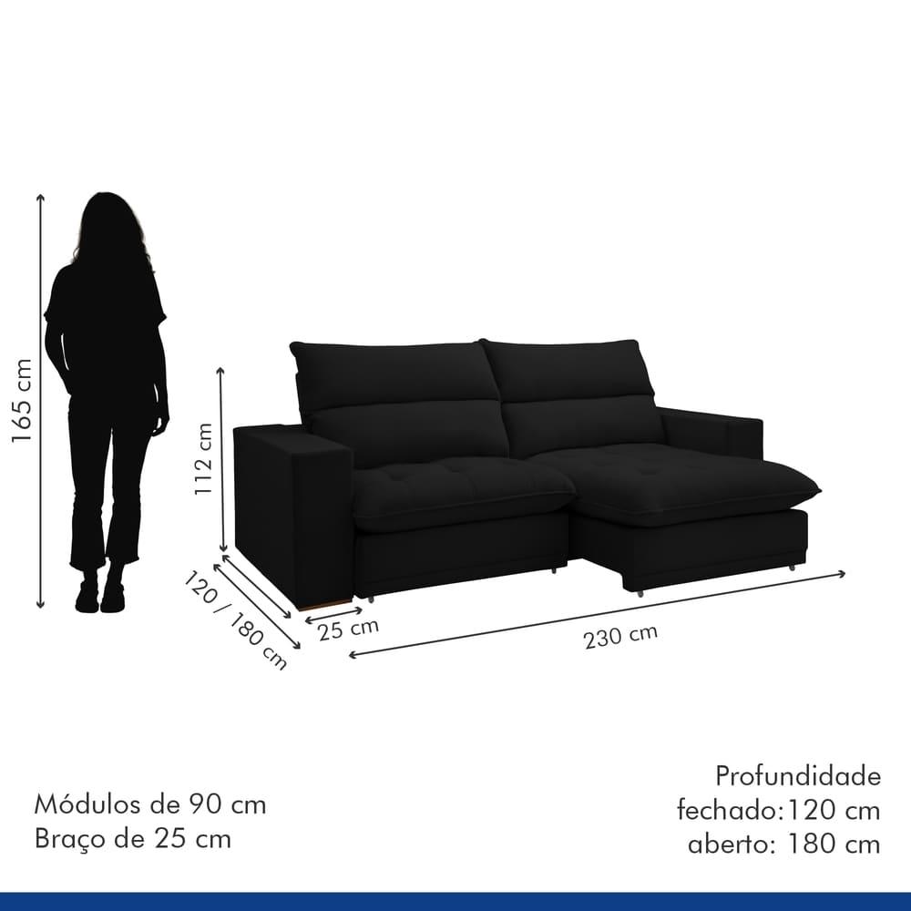 Sofá Retrátil e Reclinável Martinho Veludo Preto 2,30M