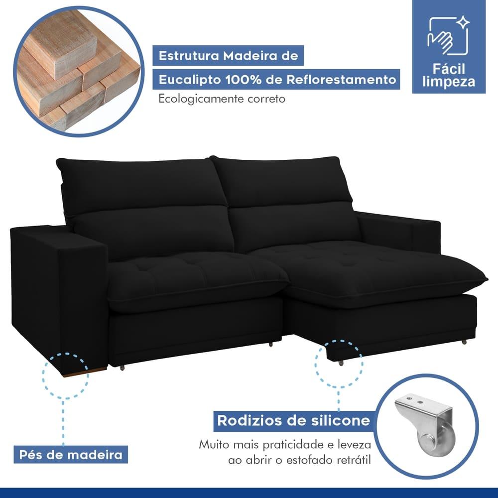 Sofá Retrátil e Reclinável Martinho Veludo Preto 2,30M