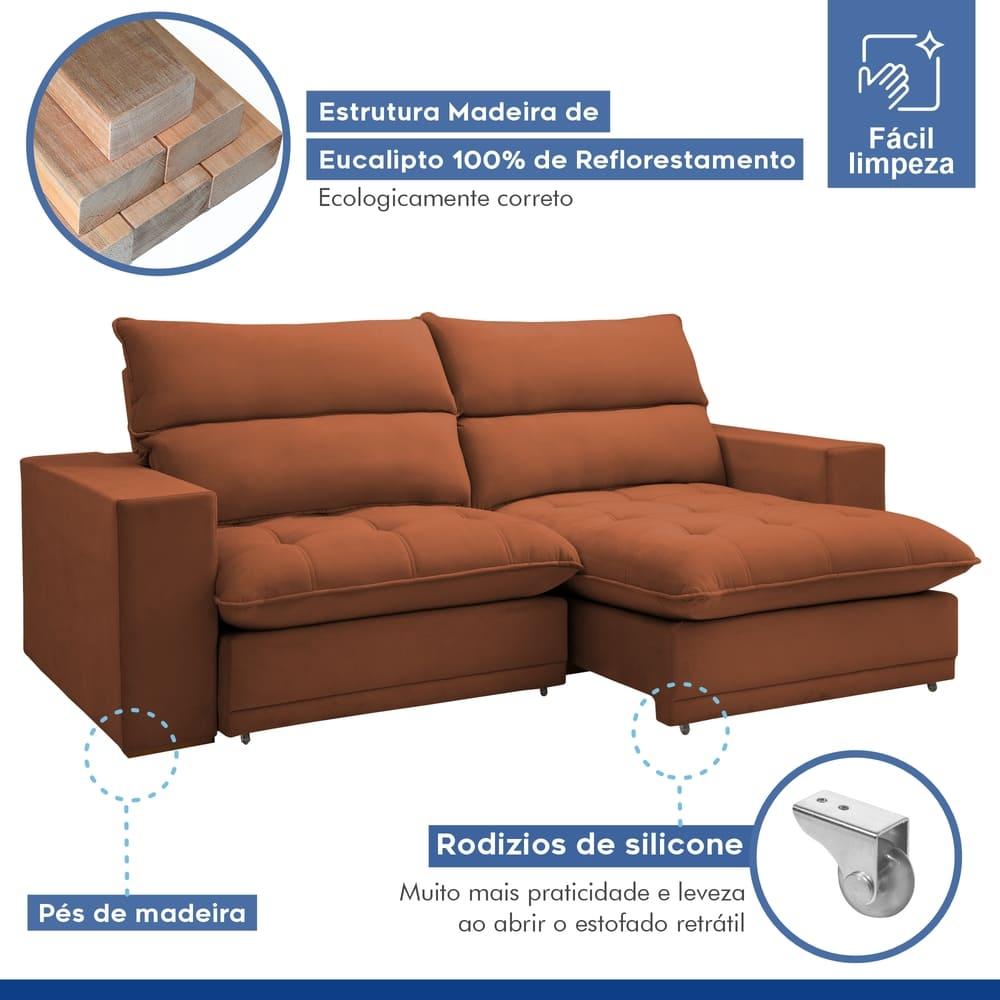Sofá Retrátil e Reclinável Martinho Veludo Terracota 2,30M